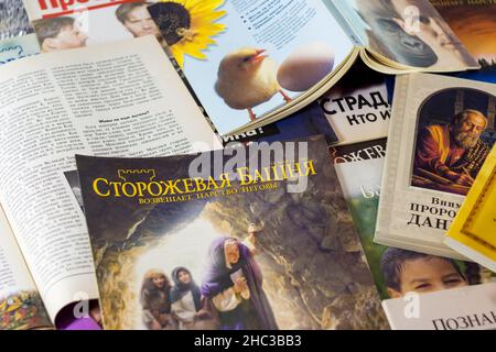 Russia - December 2020: Religious literature of Jehovah's Witnesses (organization banned in Russia). Publications of the early 2000s in Russian Stock Photo