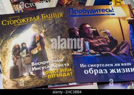 Russia - December 2020: Religious literature of Jehovah's Witnesses (organization banned in Russia). 'Awake!' and 'The Watchtower' magazines in Russia Stock Photo