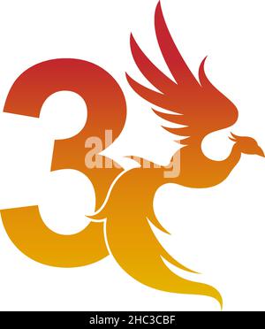 Number 3 icon with phoenix logo design template illustration Stock Vector