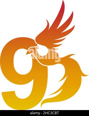 Number 9 icon with phoenix logo design template illustration Stock Vector