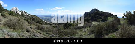 Panoramic view from high above the commune of Maury, located in the canton of La Vallée de l'Agly and in the arrondissement of Perpignan. Stock Photo
