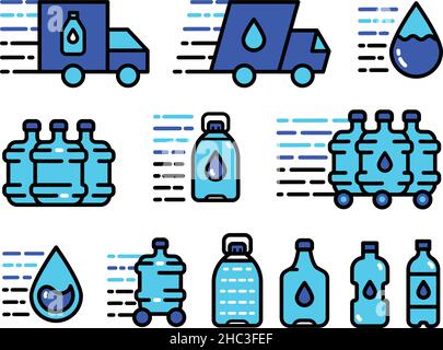 Water delivery color icons collection. Flat set of icons, bottled water. Vector icons for web design isolated on white background Stock Vector