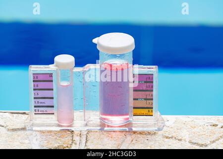 Reagent for colorimetric test. Results of the analysis of pH and free chlorine in the water of a swimming pool. Stock Photo