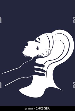 Illustration on the theme of domestic violence - a man hand holds a woman by the throat, a woman cries, a tear flows down her face. Minimalism, graphics. Design element Stock Vector