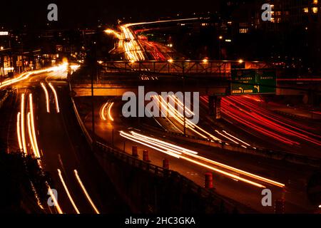 Blurred Lights on Freeway at Night Stock Photo