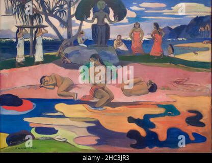 Paul Gaugin painting Day of the God (Mahana no atua) 1894 Tahiti in the Art Institute of Chicago, Chicago, Illinois, USA Stock Photo