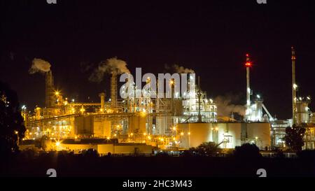 Oil Refinery in Sarroch, Sardinia, Italy at night Stock Photo