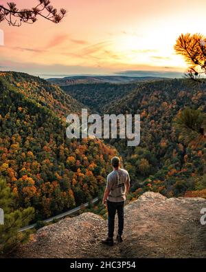 Back view of a man admiring the forest mountains with bright green and orange autumn trees at sunset