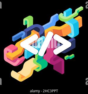coder code symbol of developer programmer tshirt design abstract art colorfull liquid shape elements in black background Stock Vector