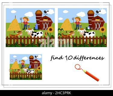 A logical game for children to find the differences. Happy farm, cows on the farm, barn and farmer. Vector Stock Vector
