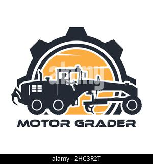Heavy machinery icon with operator silhouette driving motor grader in gear Stock Vector