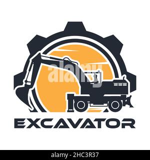 Logo with gear and operator driving a heavy machinery wheeled excavator. Stock Vector