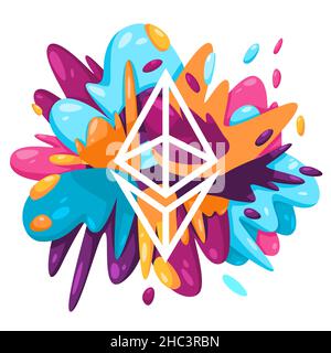ethereum crypto money currency coin icon in colorful splat paint liquid splashing ink splash design creative illustration Stock Vector