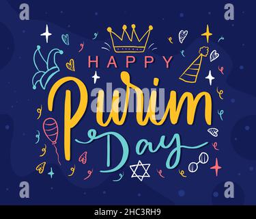 vector design happy purim day hand drawn and hand lettering with ornament Stock Vector