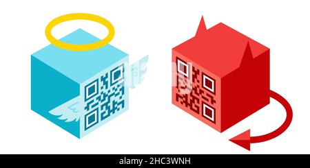 Vector illustration of a angel and devil in isometric style with QR code face. Angel and devil in isomertry with QR code. Stock Vector