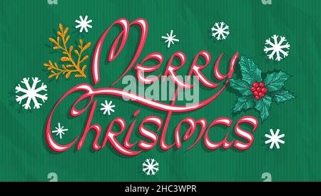 Vector banner for Christmas with hand drawing lettering and plants. Retro banner for Christmas with snowflakes and winter plants. Stock Vector