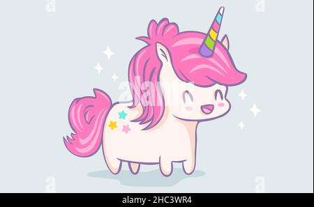 Vector illustration of a cute unicorn in kawaii style. Cute unicorn with stars in chibi style. Stock Vector