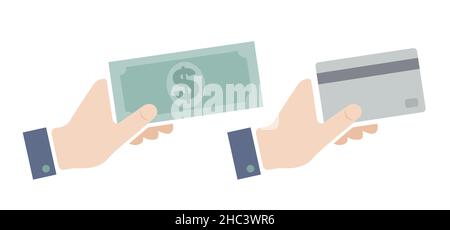 Vector set flat icons of hand with card and money. Vector set illustrations of hand with credit card and dollar and euro banknotes. Stock Vector