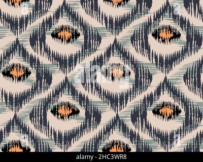 Vintage vector seamless pattern in ikat style. Retro ikat pink pattern with abstract peacock feathers. Stock Vector