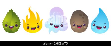 Vector illustration of nature elements in kawaii style. Vector set icons of five elements in chibi style. Water, fire, air, ground and plant. Stock Vector
