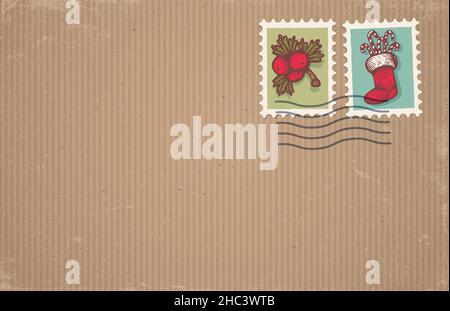 Vector illustration of a old craft paper with post stamp in vintage style. Retro post stamp on old cardboard texture. Stock Vector