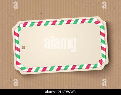 Vector illustration of a white paper label on vintage cardboard background. Vector white Christmas label banner on old cardboard for Holidays. Stock Vector