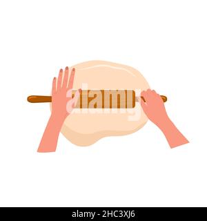 Kneading dough hands. Woman rolls homemade dough with rolling pin. Top view. Cooking school. Stay home and cook healthy food by recipe. Vector Stock Vector