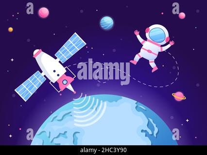 Artificial Satellites Orbiting the Planet Earth with Wireless Technology Global 5G Internet Network Satellite Communication in Background Illustration Stock Vector