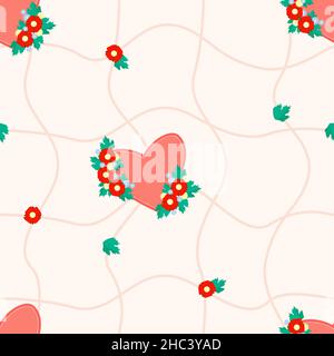 Seamless pattern. Big red heart in a bouquet of flowers on white background with a mesh pattern. Vector illustration. For design, decor, packaging Stock Vector