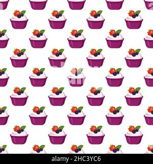Seamless pattern with yogurt in plastic cup with berries. prion of delicious healthy breakfast or snack. Dairy products, source of calcium. Vector flat illustration Stock Vector