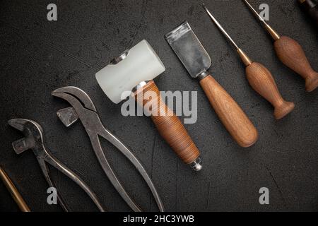 Set of leather craft cobbler tools Stock Photo