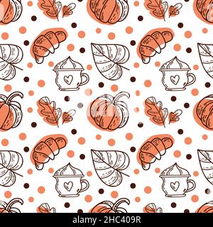 Seamless pattern with croissants, pumpkins and autumn oak leaves in orange, beige, brown and yellow colors. Stock Vector
