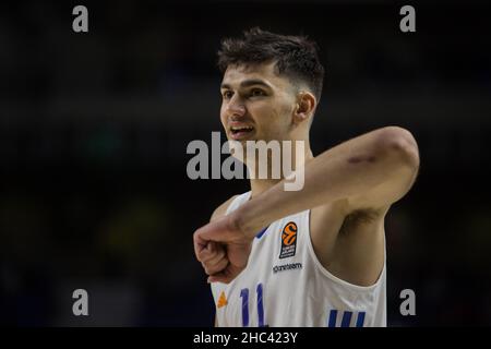 Madrid, Spain. 23rd Dec, 2021. Tristan Vukcevic during Real Madrid victory over CSKA Moscow (71 - 65) in Turkish Airlines Euroleague regular season (round 17) celebrated in Madrid (Spain) at Wizink Center. December 23rd 2021. (Photo by Juan Carlos García Mate/Pacific Press) Credit: Pacific Press Media Production Corp./Alamy Live News Stock Photo
