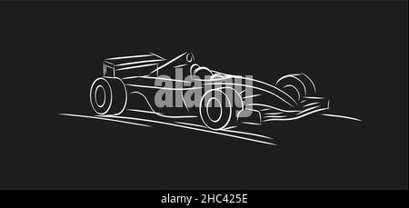 Linear sketch illustration of a bolide racing car, white line on black backdrop Stock Vector