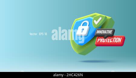 Green shield with padlock and speech bubbles labels for innovative security protection, 3d digital composition Stock Vector