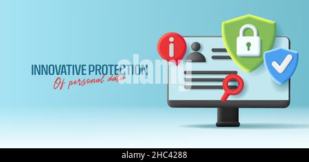 Desktop 3d illustration with cyber protection symbols of shield with padlock, info nitification and magnifying glass Stock Vector