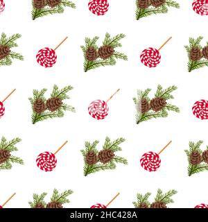 Seamless Christmas pattern with lollipops and branches of tree with cones. Holiday print with sweets and green pine needles. Vector flat illustration Stock Vector