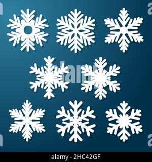 Set of white snowflakes on a blue background. Decorative items for Christmas, New Year. festive decoration. Vector illustration. Stock Vector