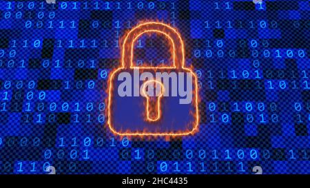 Digital screen abstract graphic background - burning padlock over binary code on mosaic of square elements with random changed colors Stock Photo