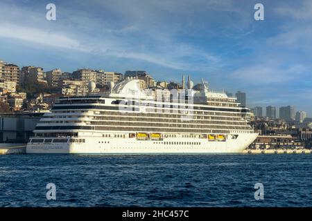 View of Cruise ship docked at the terminal in Galataport. Galataport is a cruise ship port in the Galata neighborhood of Istanbul, Turkey. Stock Photo