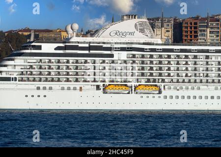 Detailed view of Cruise ship Seven Seas Splendor docked at the terminal in Galataport, Istanbul, Turkey. Stock Photo