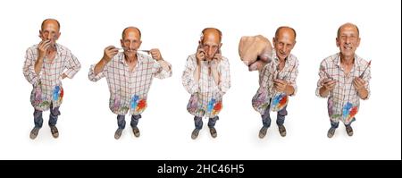 Collage. Portrait of senior man, professional painter, artist working on a picture isolated over white background Stock Photo