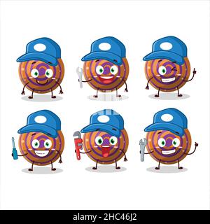 mechanic orange spiral gummy candy cute mascot character with pliers. Vector illustration Stock Vector