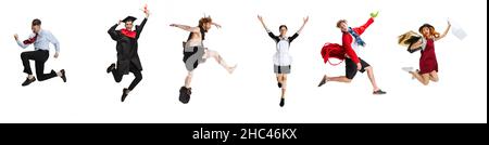 Collage of different people jumping in a line isolated over white studio background Stock Photo