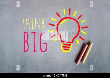 Business concept. Chalkboard drawing image of light bulb and text THINK BIG Stock Photo