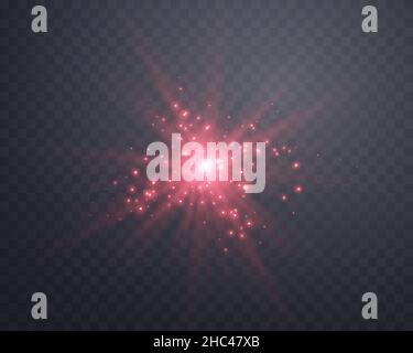 Red sunlight lens flare, sun flash with rays and spotlight. Glowing burst explosion on a transparent background.  Vector illustration. Stock Vector