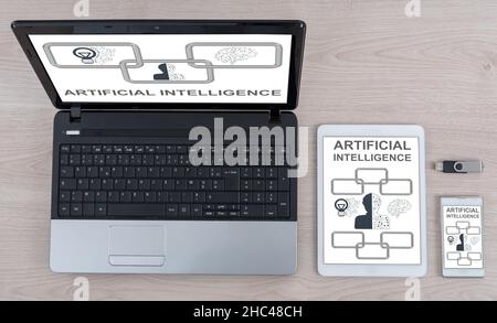Artificial intelligence concept shown on different information technology devices Stock Photo