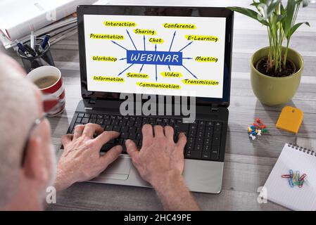 Webinar concept shown on a laptop used by a man Stock Photo