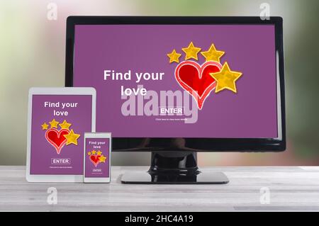 Online dating concept shown on different information technology devices Stock Photo