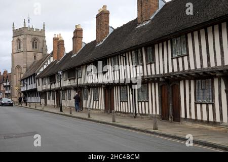 Guild Chapel and half timbered Shakespeare's schoolroom and Guild Hall Church Street Sratford on Avon. In 1553 the Guildhall became the headquarters o